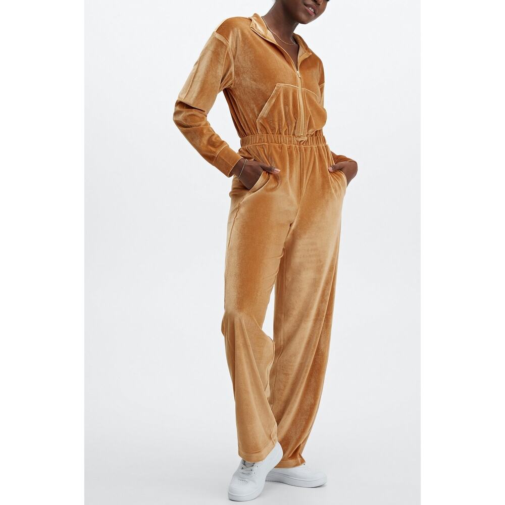 Fabletics Velour Zip-Up Wide Leg Jumpsuit Gold XS Sporty Streetwear EUC